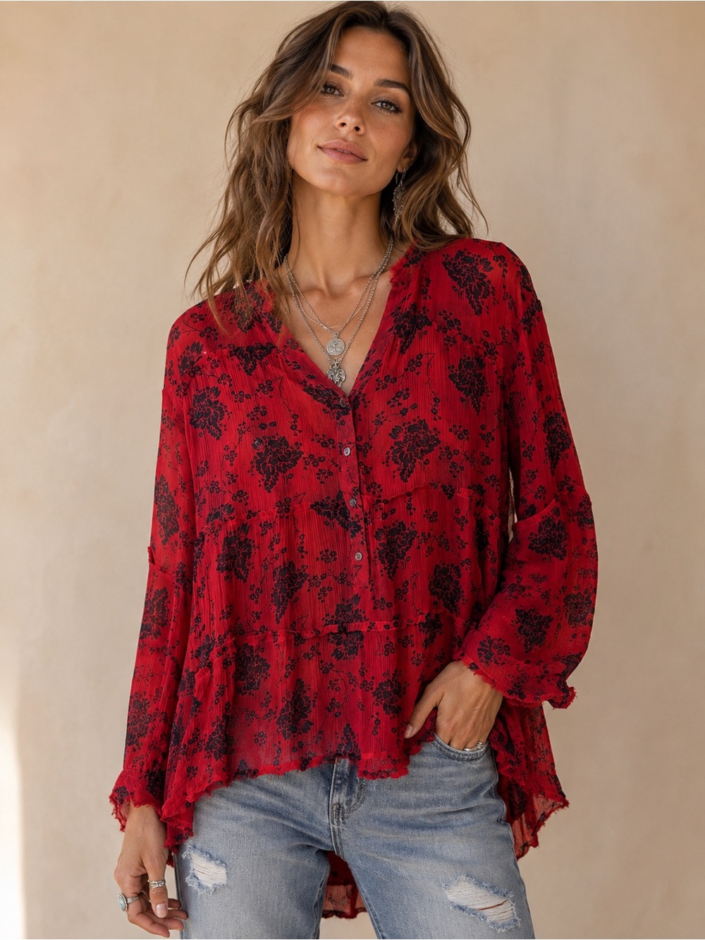 Sundance Red Black Floral Boho Tiered Button Front Blouse Tunic Top Size M